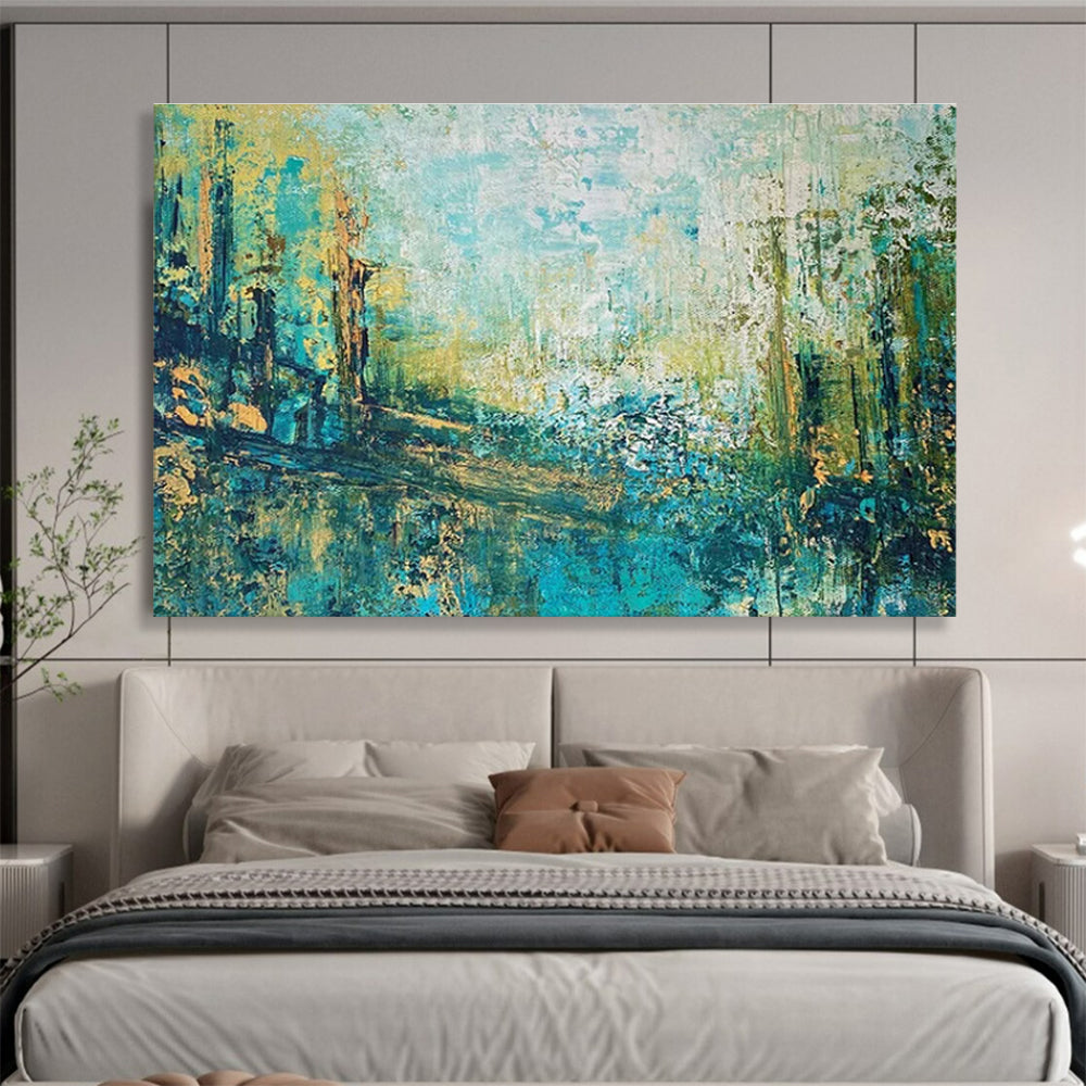 Teal Gold Abstract Painting with Forest Path Themes THY357