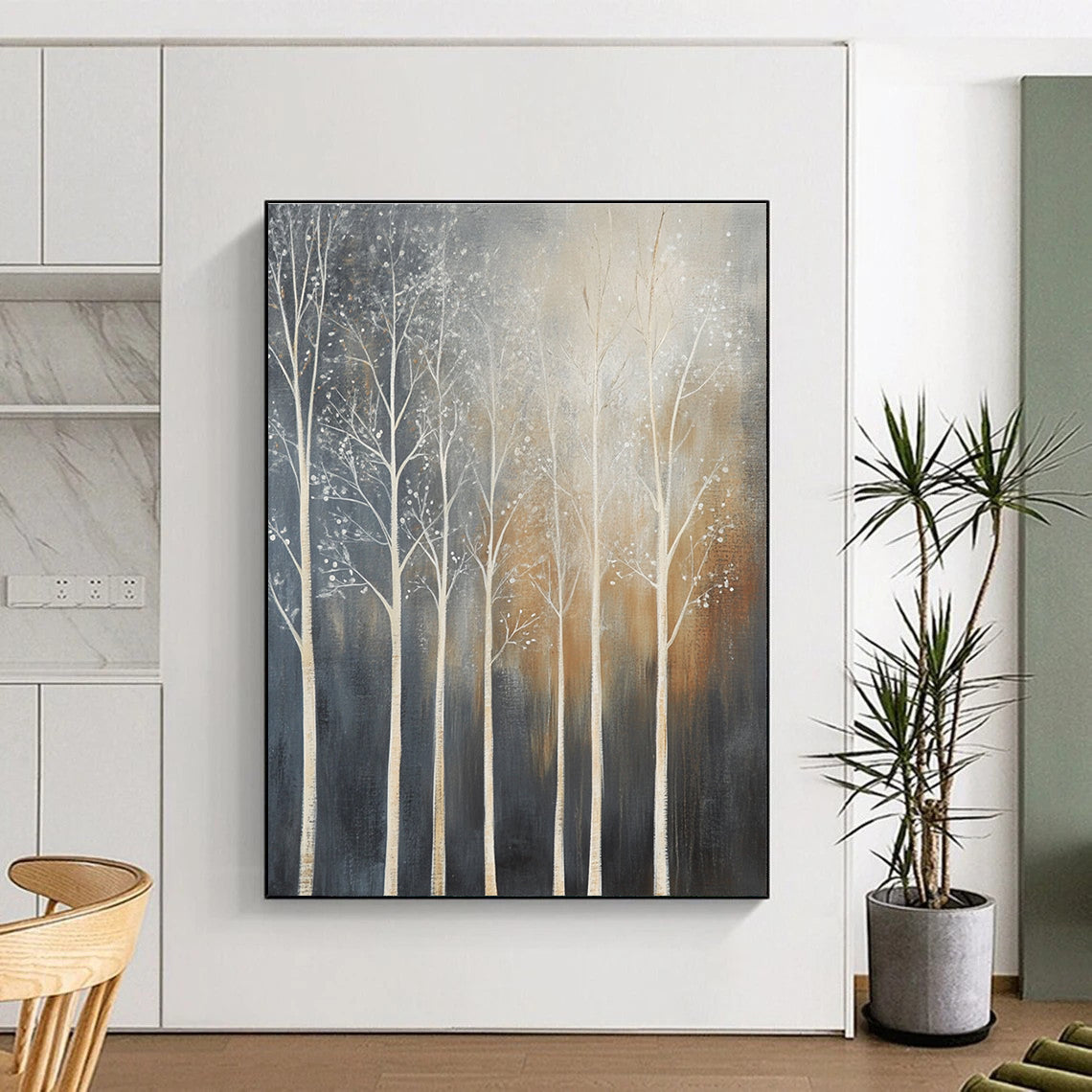 Large abstract painting of trees with white branches set against a dark gray background featuring muted tones and low contrast.STSC354