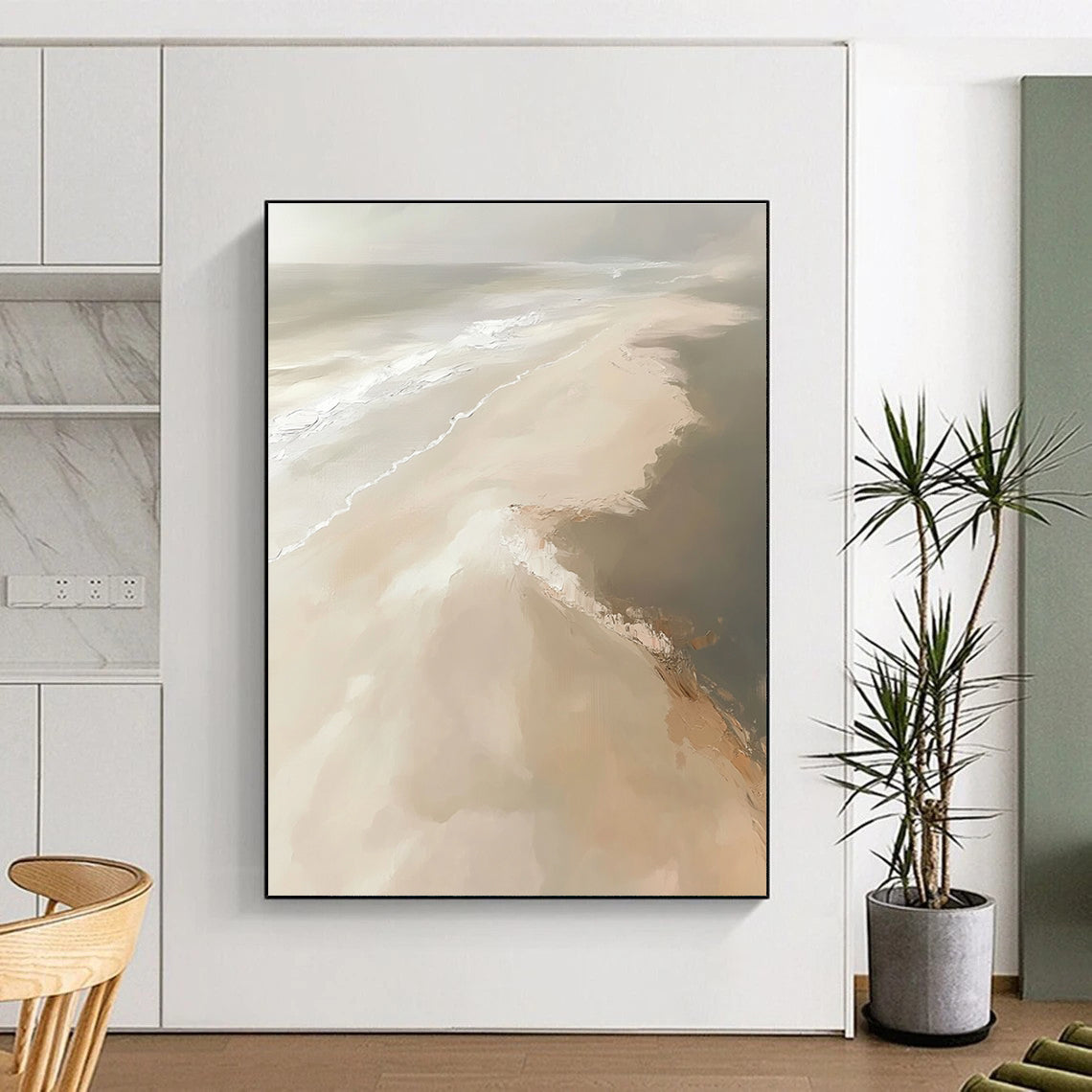 Large abstract painting depicting a sandy beach with soft tones and expressive brush strokes in a neutral color palette.STSC528