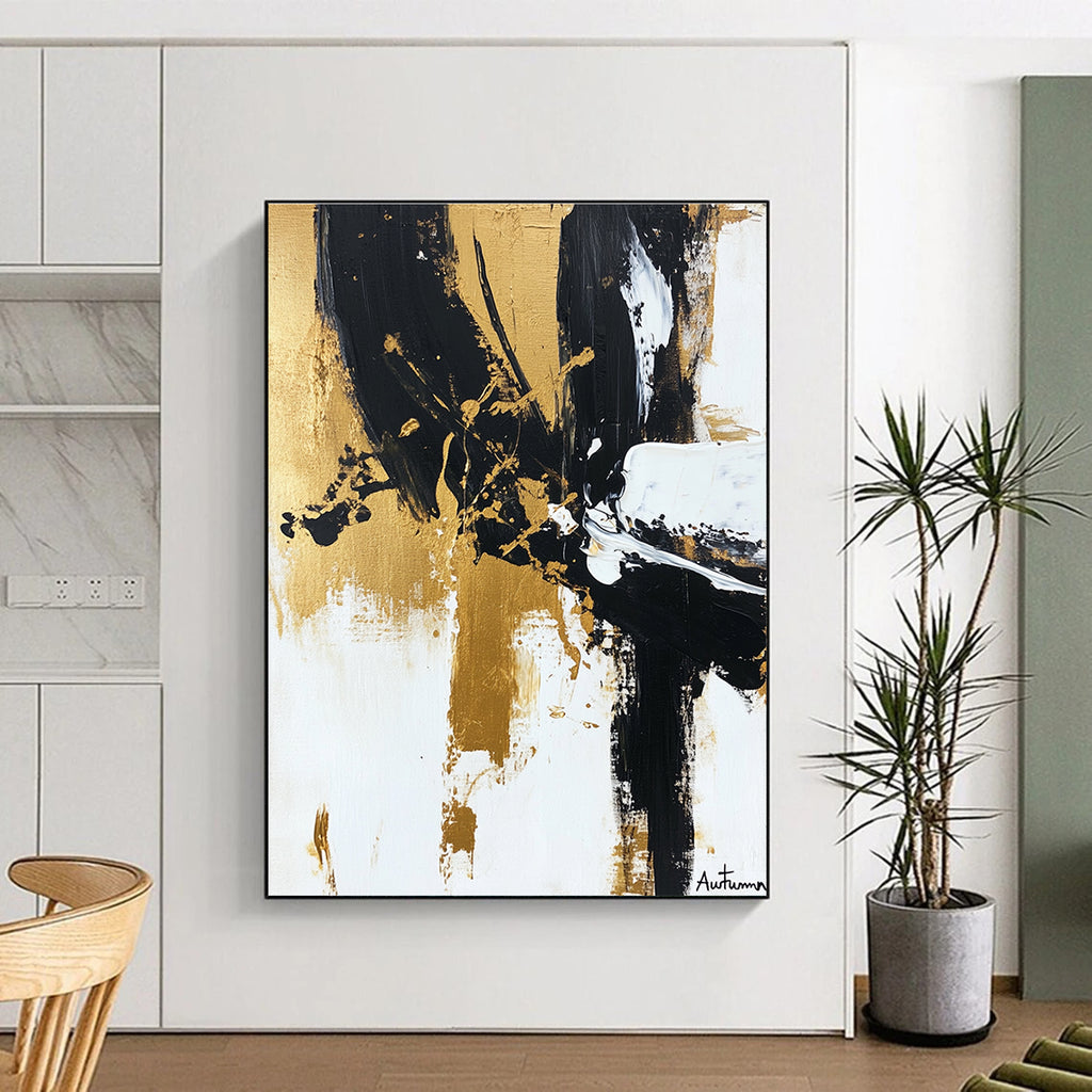 Large abstract painting of Autumn in black white and gold featuring loose brushstrokes and textured layers for elegant depth and simplicity.STSC1066