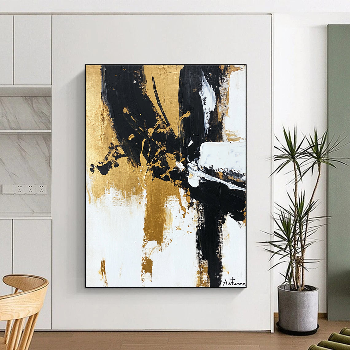 Large abstract painting of Autumn in black white and gold featuring loose brushstrokes and textured layers for elegant depth and simplicity.STSC1066