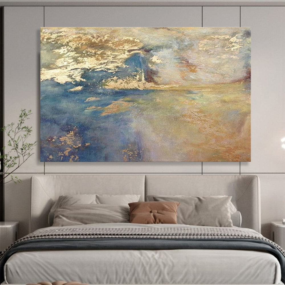 Blue Gold Abstract Painting with Radiant, Coastal - Sunset Vibes THY399
