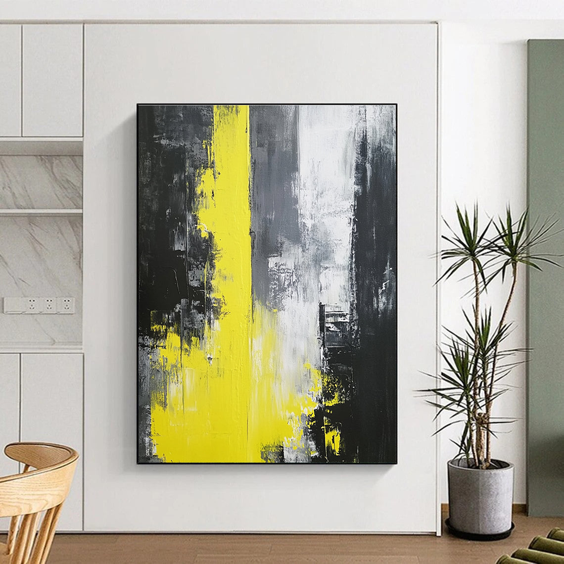 Black Gray and Yellow Abstract Painting with Expressive Strokes GER506