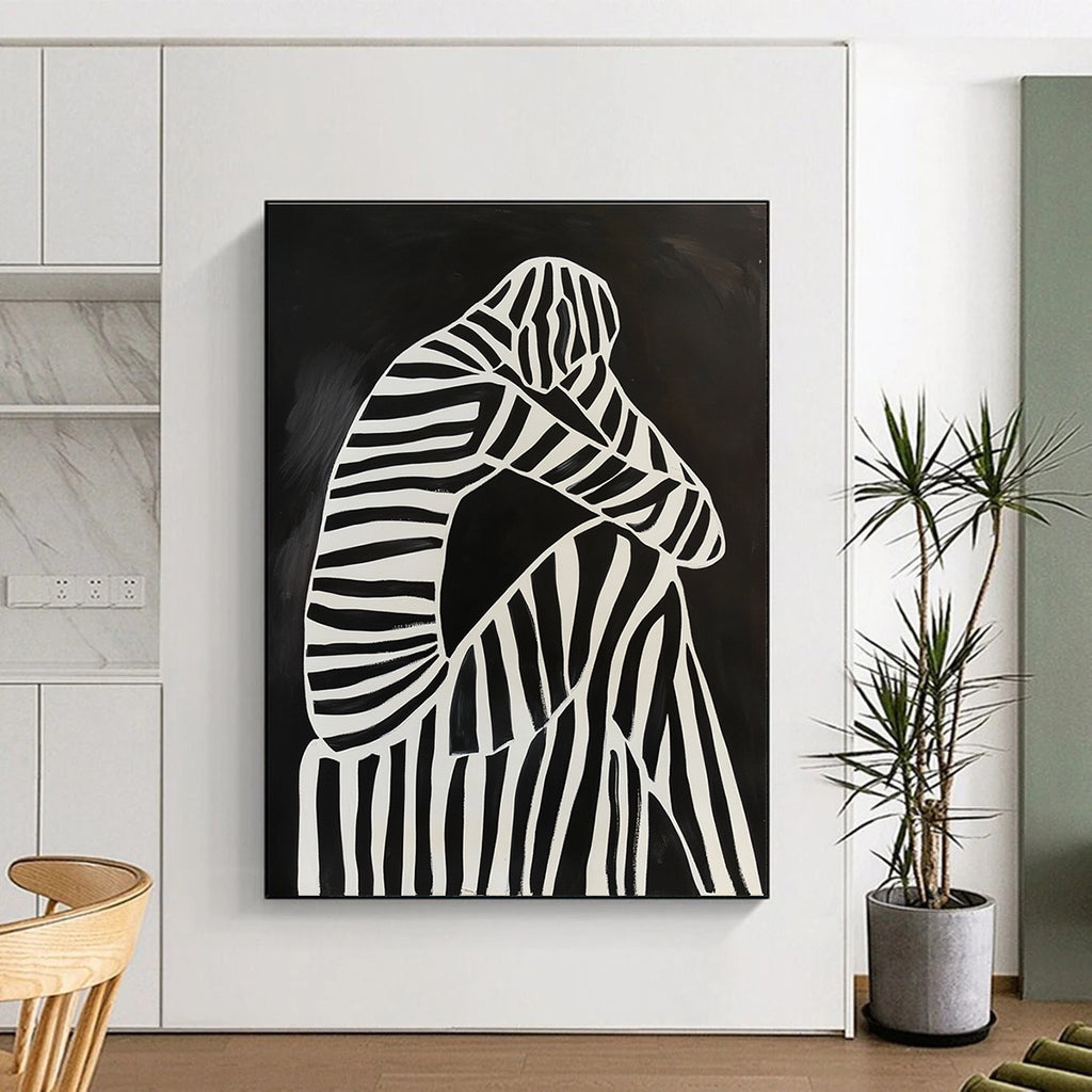 Abstract painting of a black and white figure on a striped chair featuring minimalistic lines and high contrast in a dark background.STSC1111
