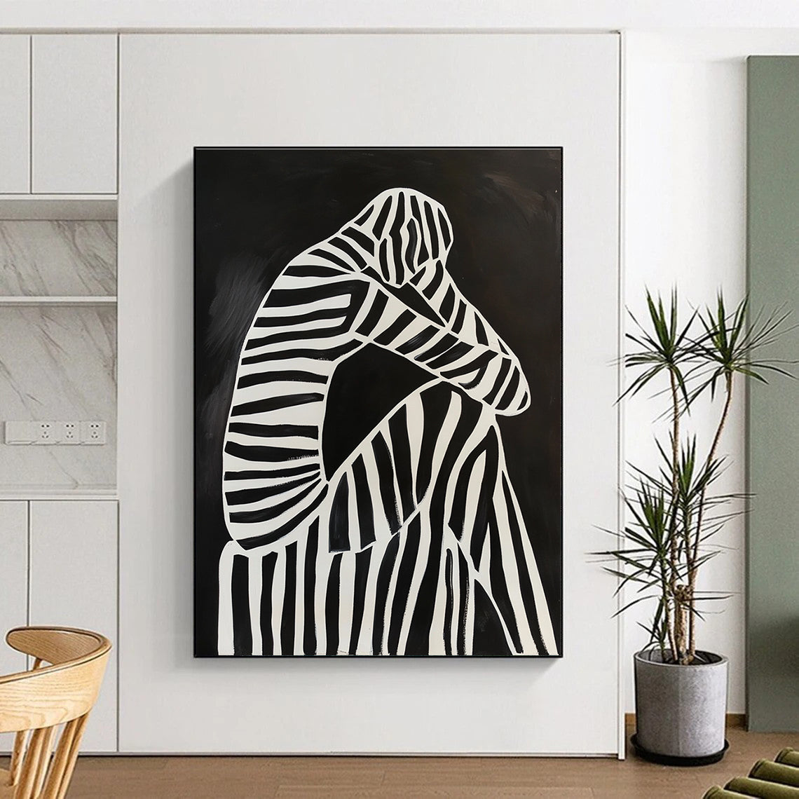 Abstract painting of a black and white figure on a striped chair featuring minimalistic lines and high contrast in a dark background.STSC1111