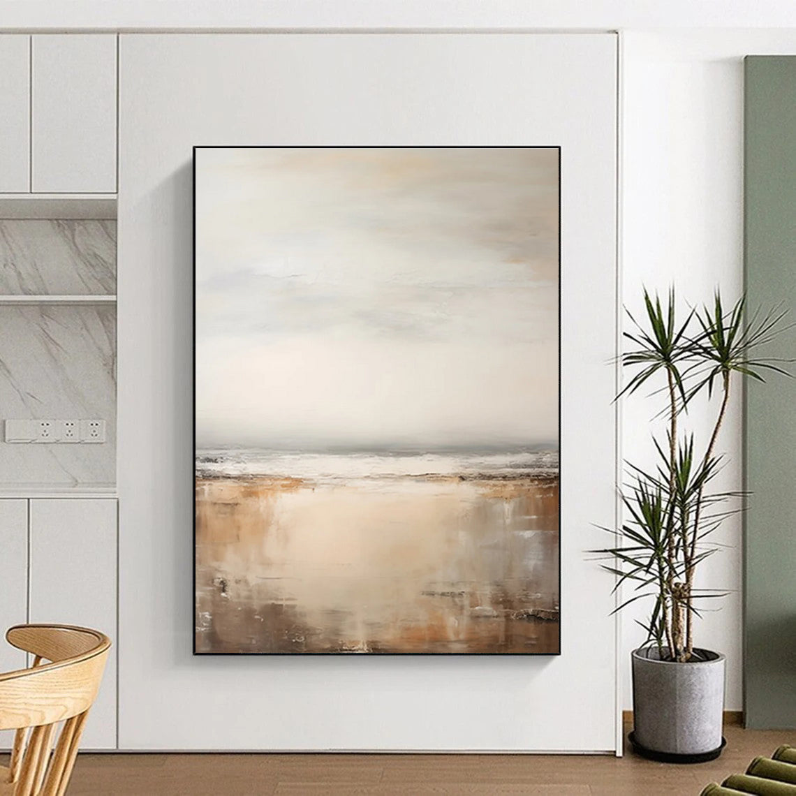 Serene Coastal Abstract Painting with Beige and Gray ADGE132
