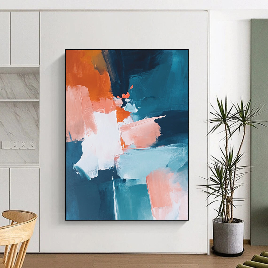 Blue Orange Abstract Painting with Dynamic Color Blocks GER790