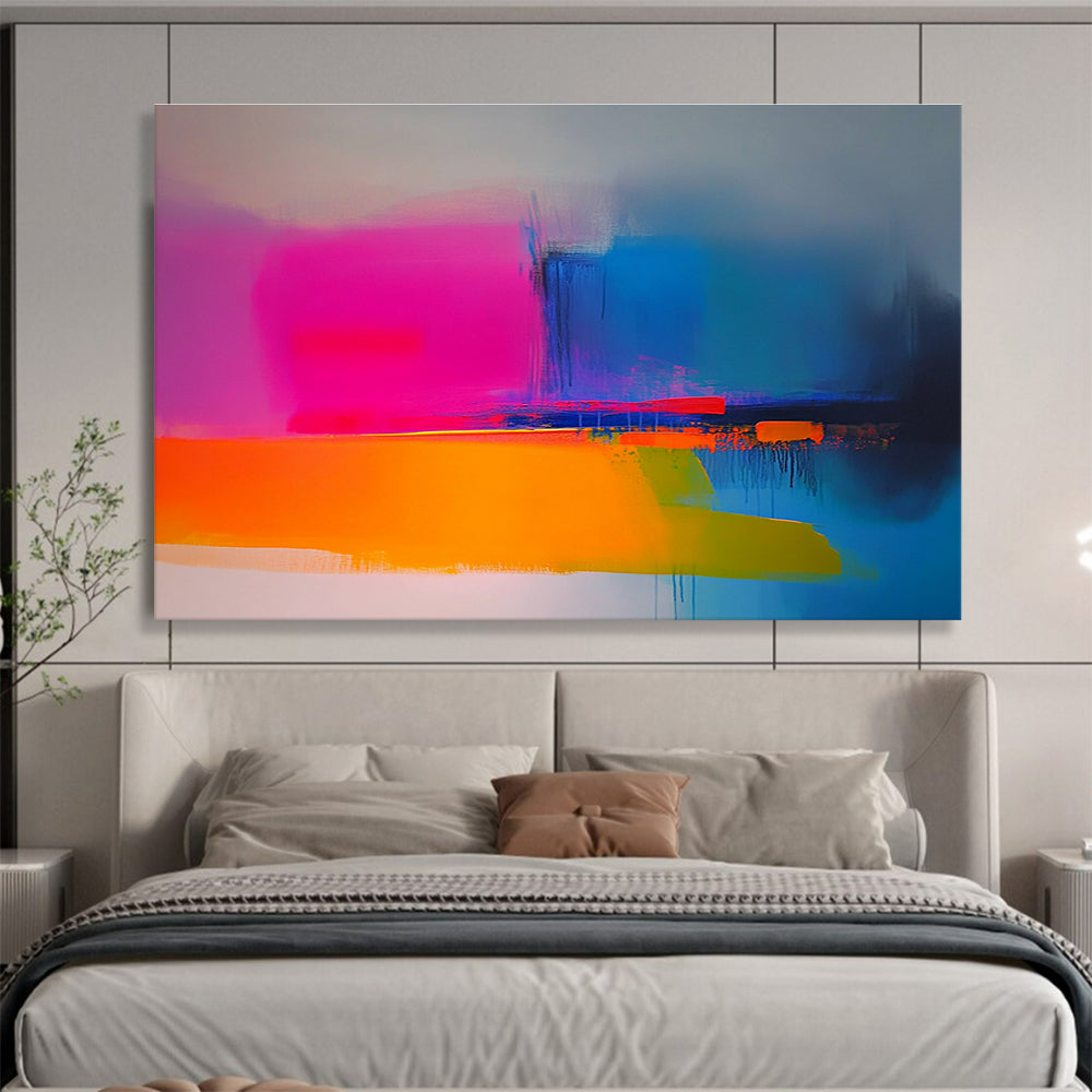 Large abstract painting in neon pink yellow blue orange and green featuring soft gradients smooth brush strokes and a minimalist landscape with blurry edges.SC149