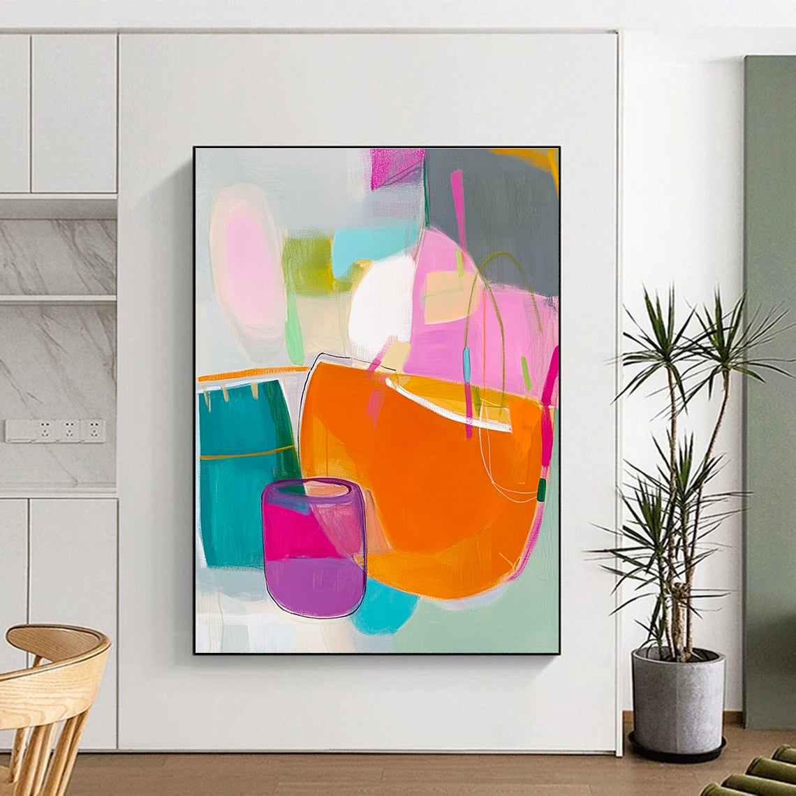 Abstract painting features pink green yellow shapes with an orange handbag blue box and purple jar on a soft gray background.STSC788