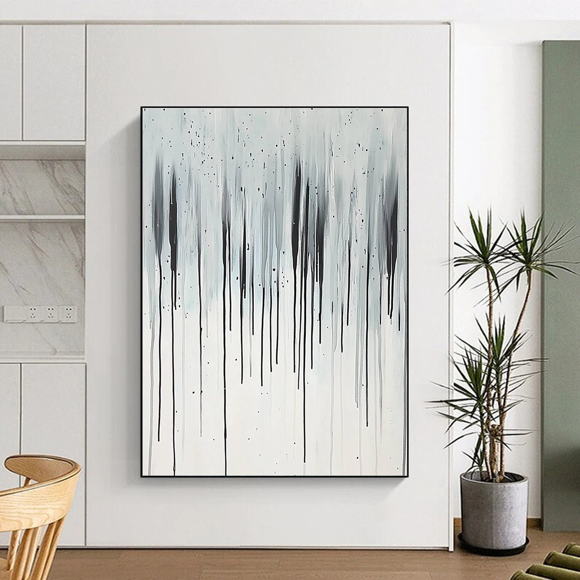 Large abstract painting featuring vertical thin lines in black and white with rain elegantly cascading from the sky.STSC357