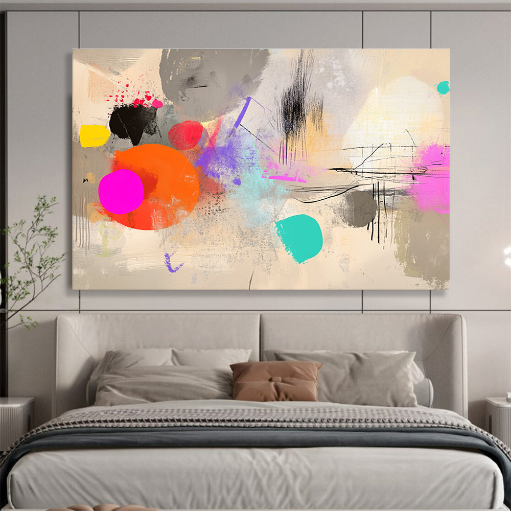 Large abstract artwork featuring digital collage with neutral tones, dynamic shapes, and vibrant colors, ideal for modern decor.SC042