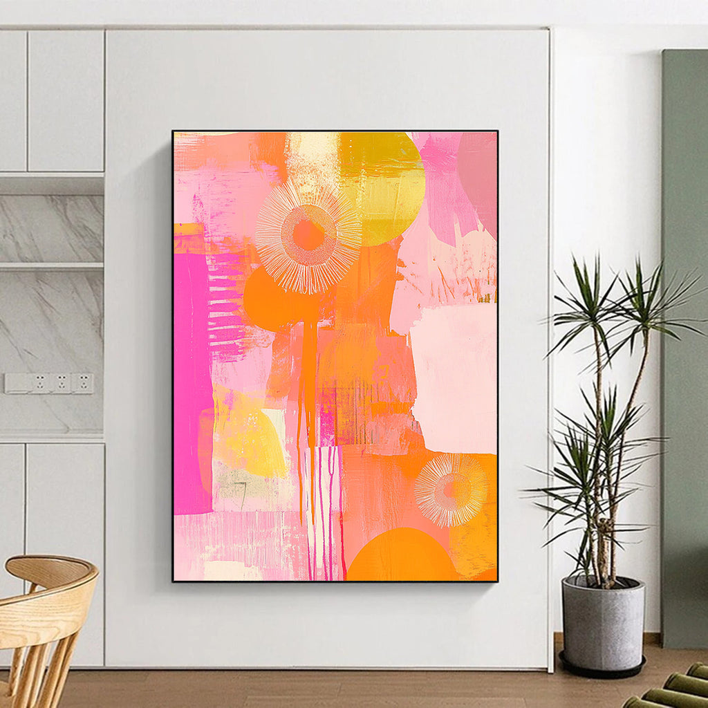A large abstract painting featuring peach and pink tones with circles flowers and patterns radiating happy vibes in soft brush strokes.STSC1408