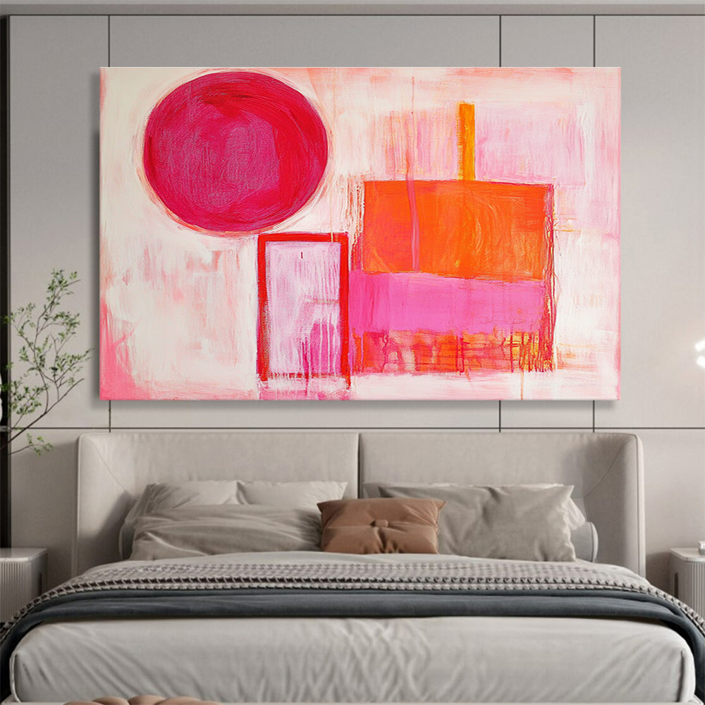 The large abstract painting features thick brush strokes with warm pink and orange hues, showcasing a circle, square, and rectangular shape.SC540
