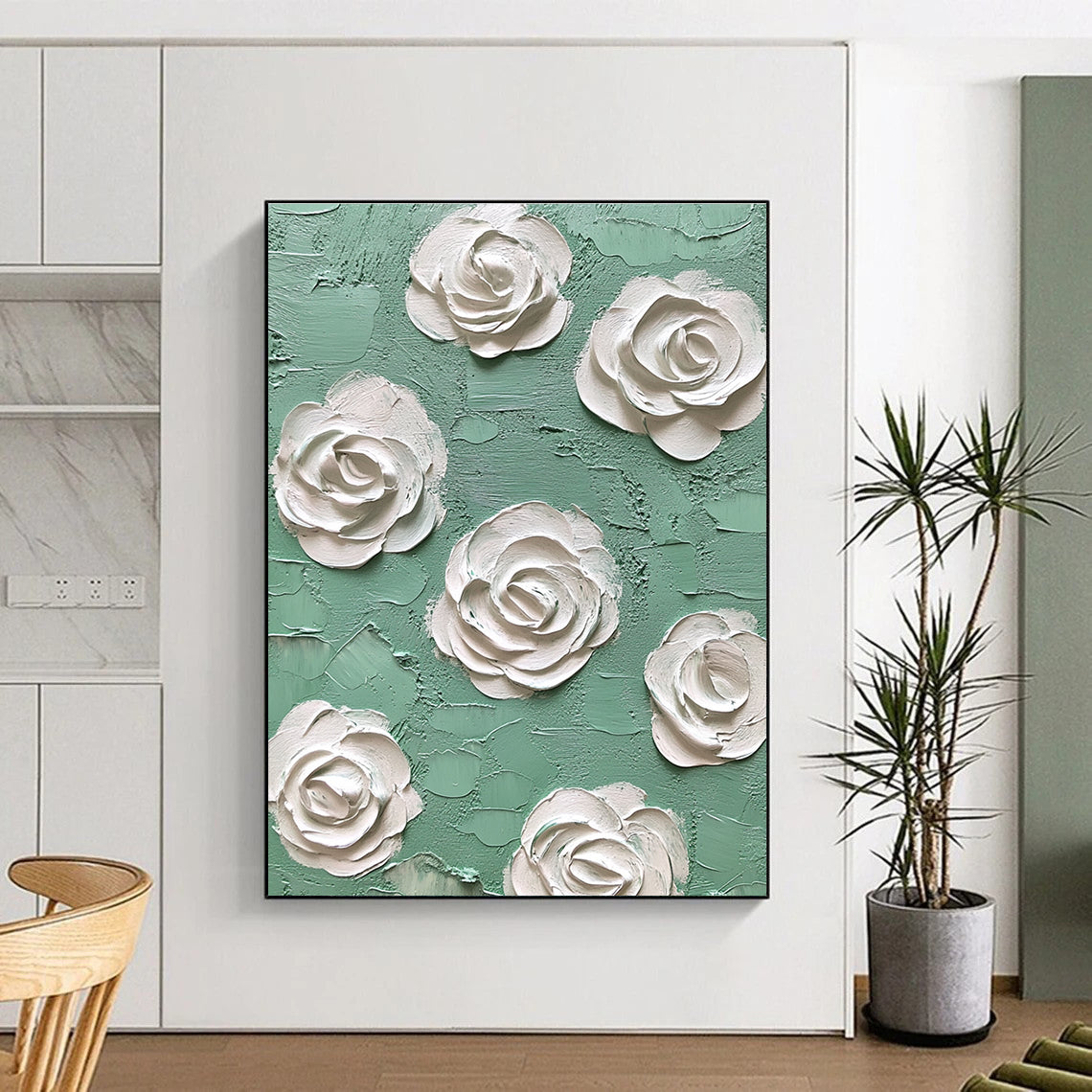 Abstract oil painting featuring mint and white roses with textured impasto layers in green and cream tones, a fine art masterpiece of high detail.STSC1350