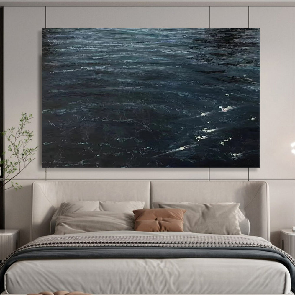 Dark Ocean Waves Abstract Painting with Deep Blue Tones THY265