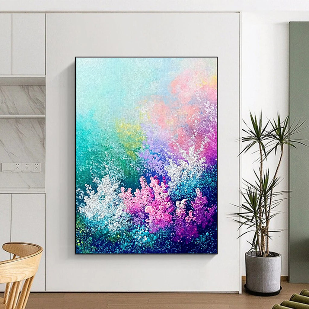 Large abstract painting of an underwater garden featuring vibrant coral sea flowers and plants in soft pastel hues.STSC1119