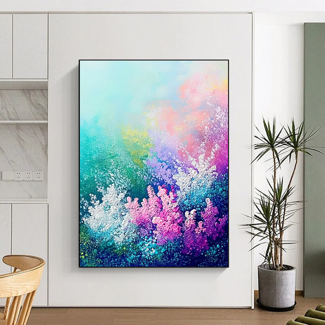 Large abstract painting of an underwater garden featuring vibrant coral sea flowers and plants in soft pastel hues.STSC1119