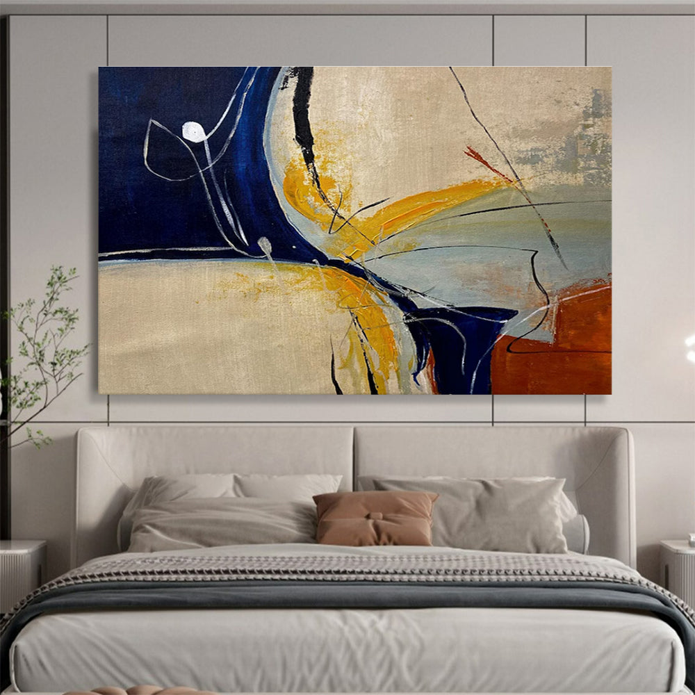 Blue Yellow Line Abstract Painting with Minimalist Shapes THY331