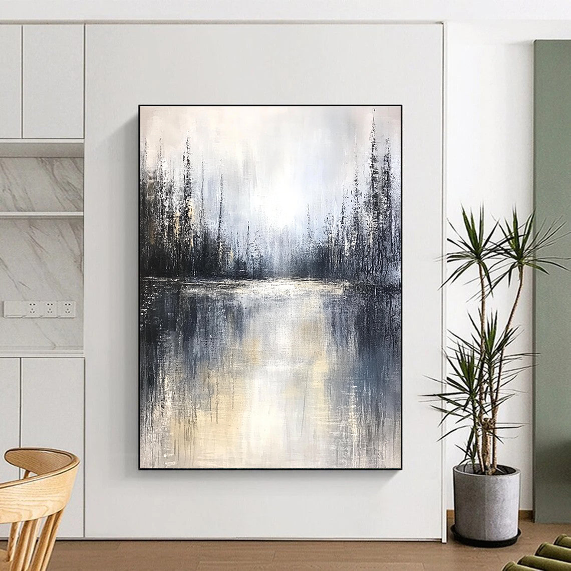 Large abstract painting featuring a misty forest and lake with muted tones soft edges and tranquil atmosphere creating emotional depth.STSC083