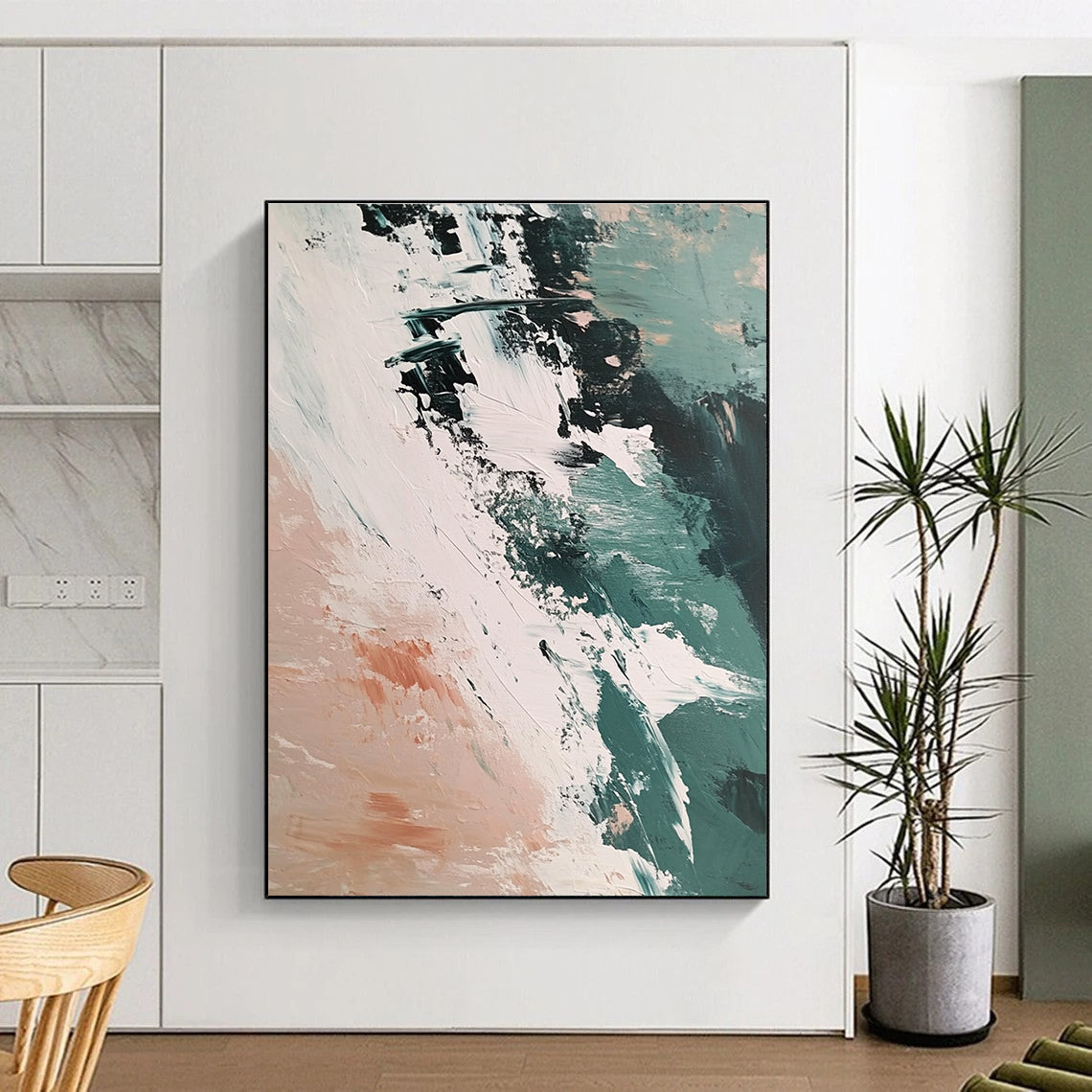 Large abstract painting capturing the Arctic sea's ice and earth with vibrant brush strokes in a beige teal and pink palette.STSC1437
