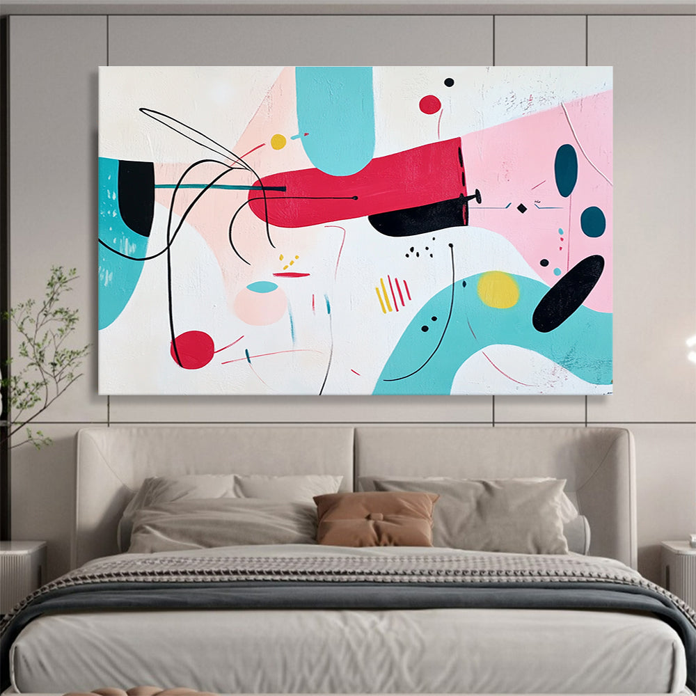 Large abstract painting featuring whimsical pink shapes with black outlines and colorful accents on a white background.SC187