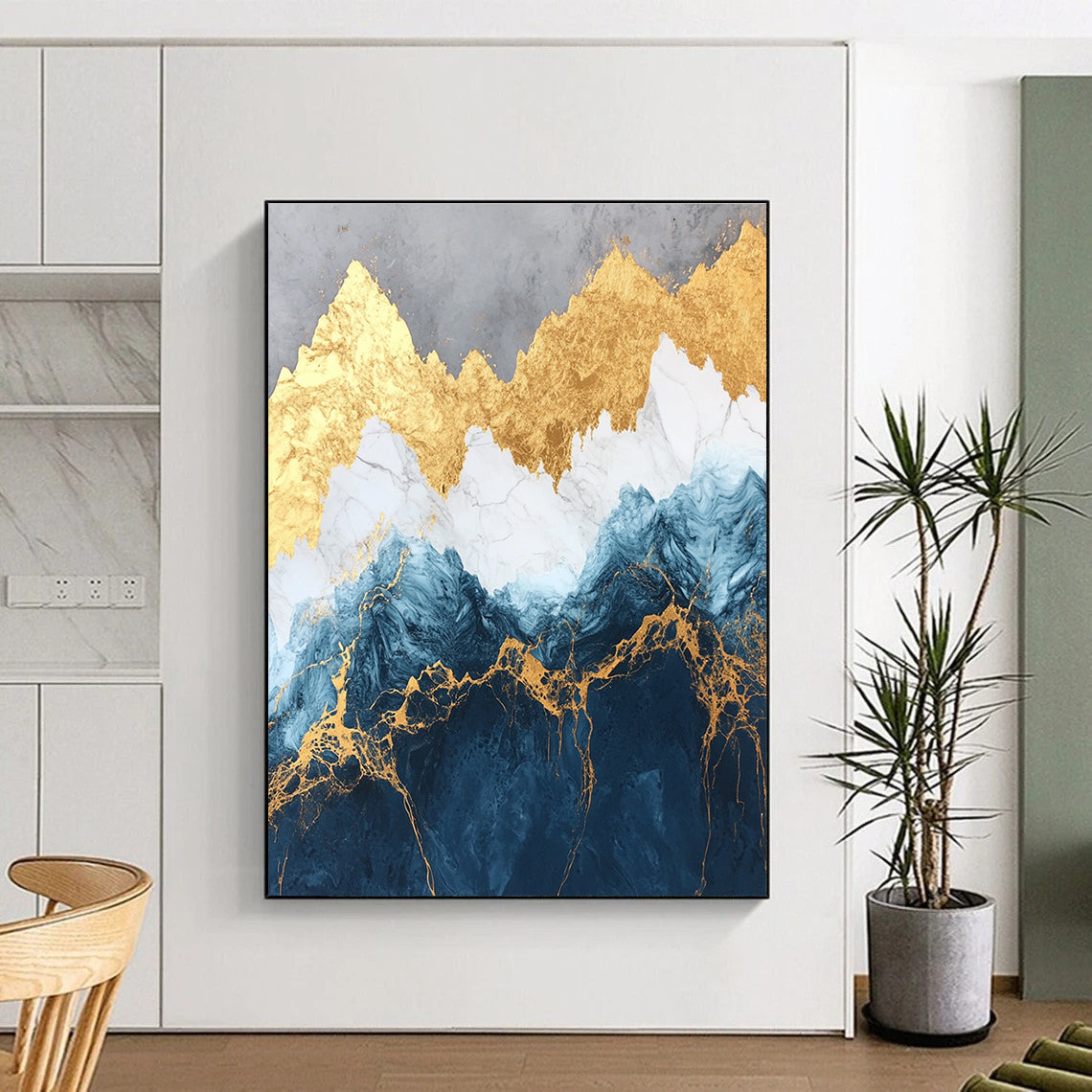 Large abstract marble and gold painting of mountains in deep blue and white with golden accents showcasing luxurious texture and detailed elegance.STSC123