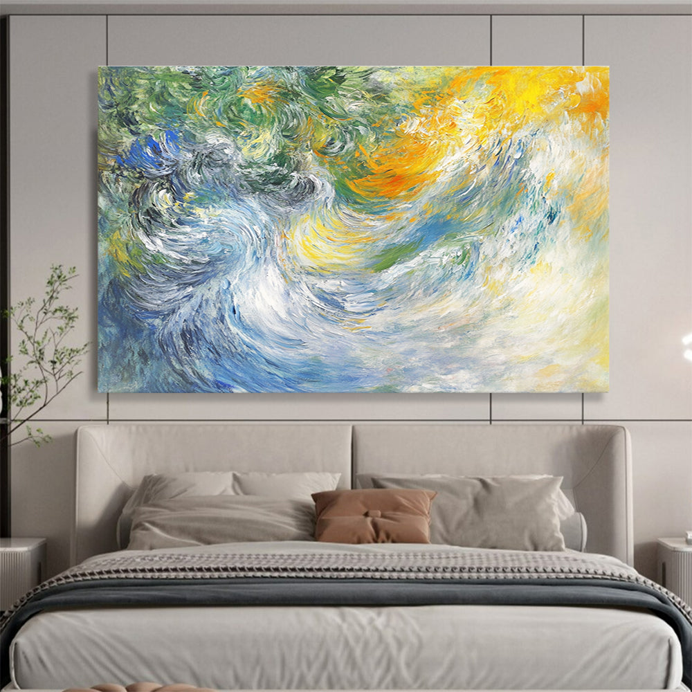 A large abstract painting of white water waves with expressive brush strokes soft colors and a dynamic interplay of light and movement.SC414