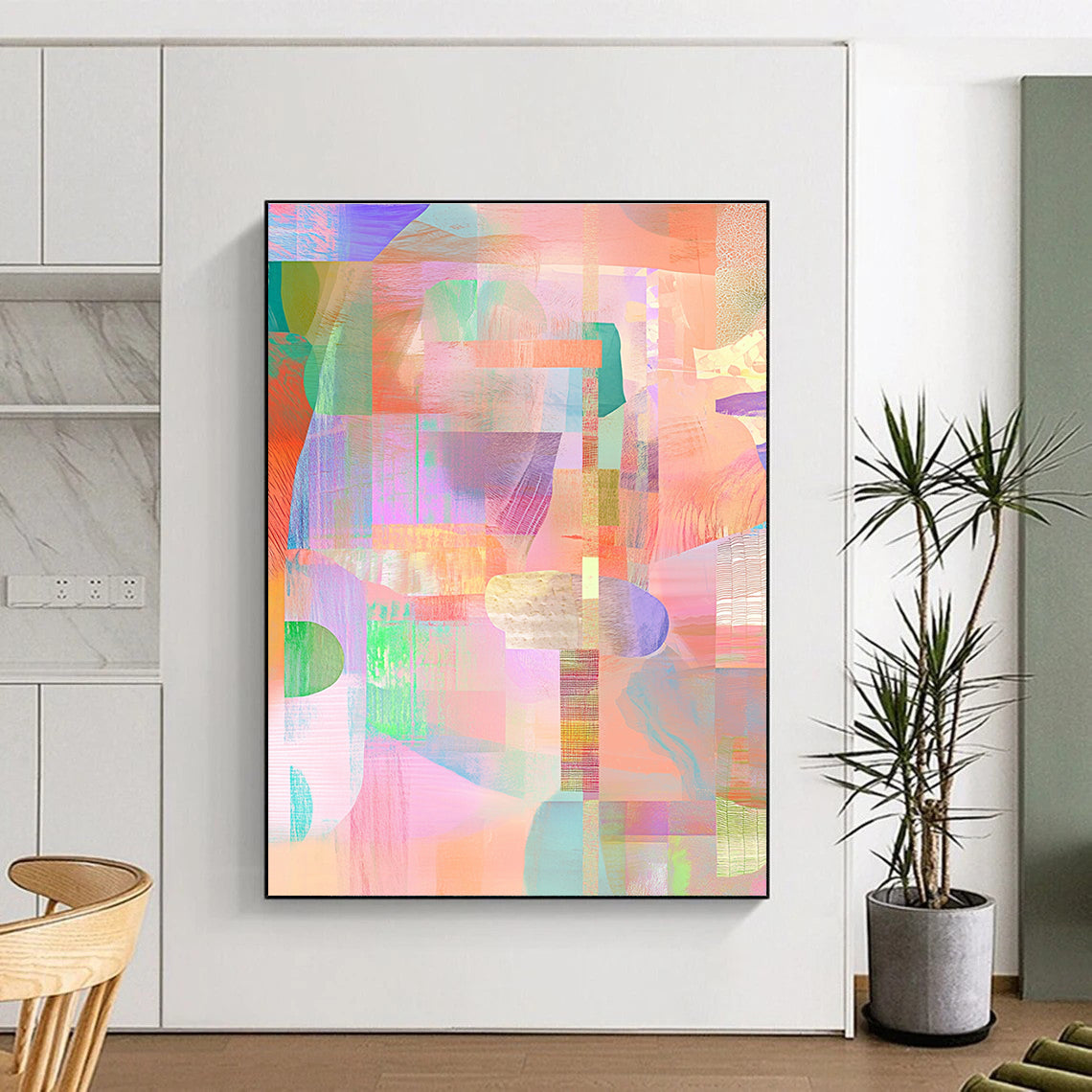 Large abstract illustration featuring a collage of shapes and patterns in pastel pink green orange blue and purple tones.STSC561