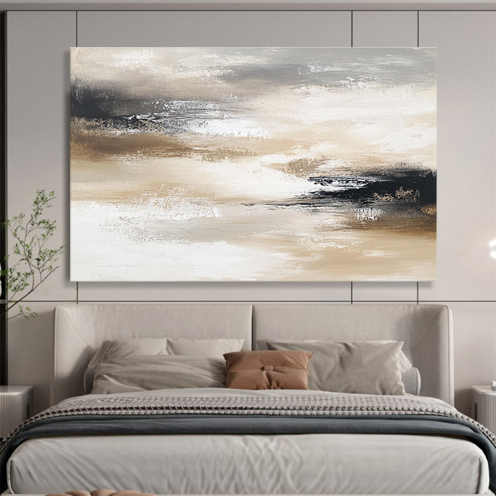 Large abstract painting in neutral tones evokes calmness with layers of soft grays browns beige whites and black creating movement and depth.SC246
