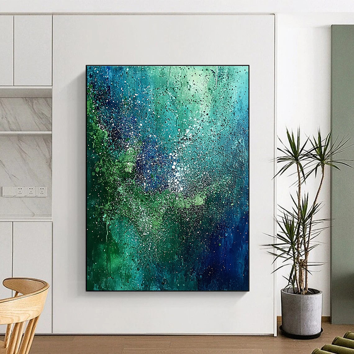 Abstract painting with green and blue hues featuring pointillist dots forest patterns and sparkling accents on a dark sky-blue backdrop.STSC066