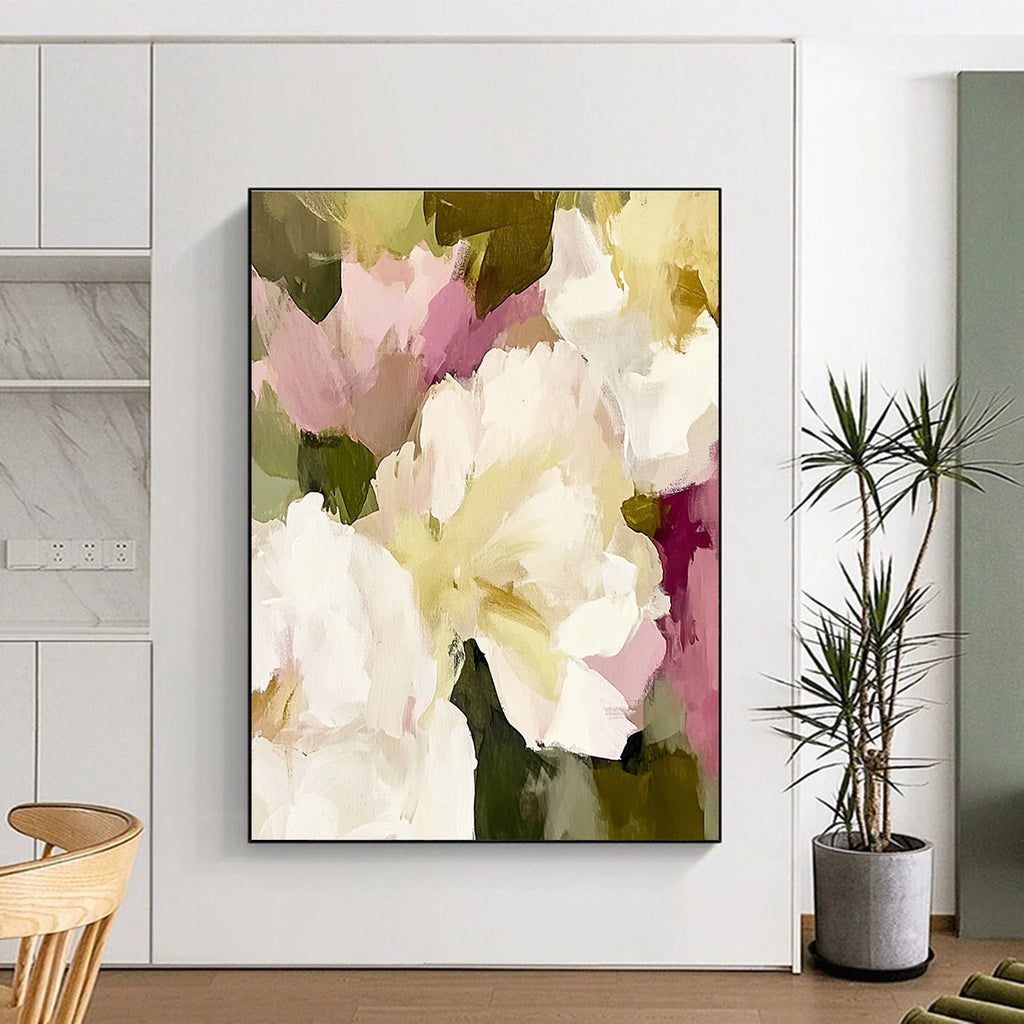 Large abstract painting featuring soft pinks whites and cream colors with loose brushstrokes of white peonies cream roses and sage green foliage.STSC055