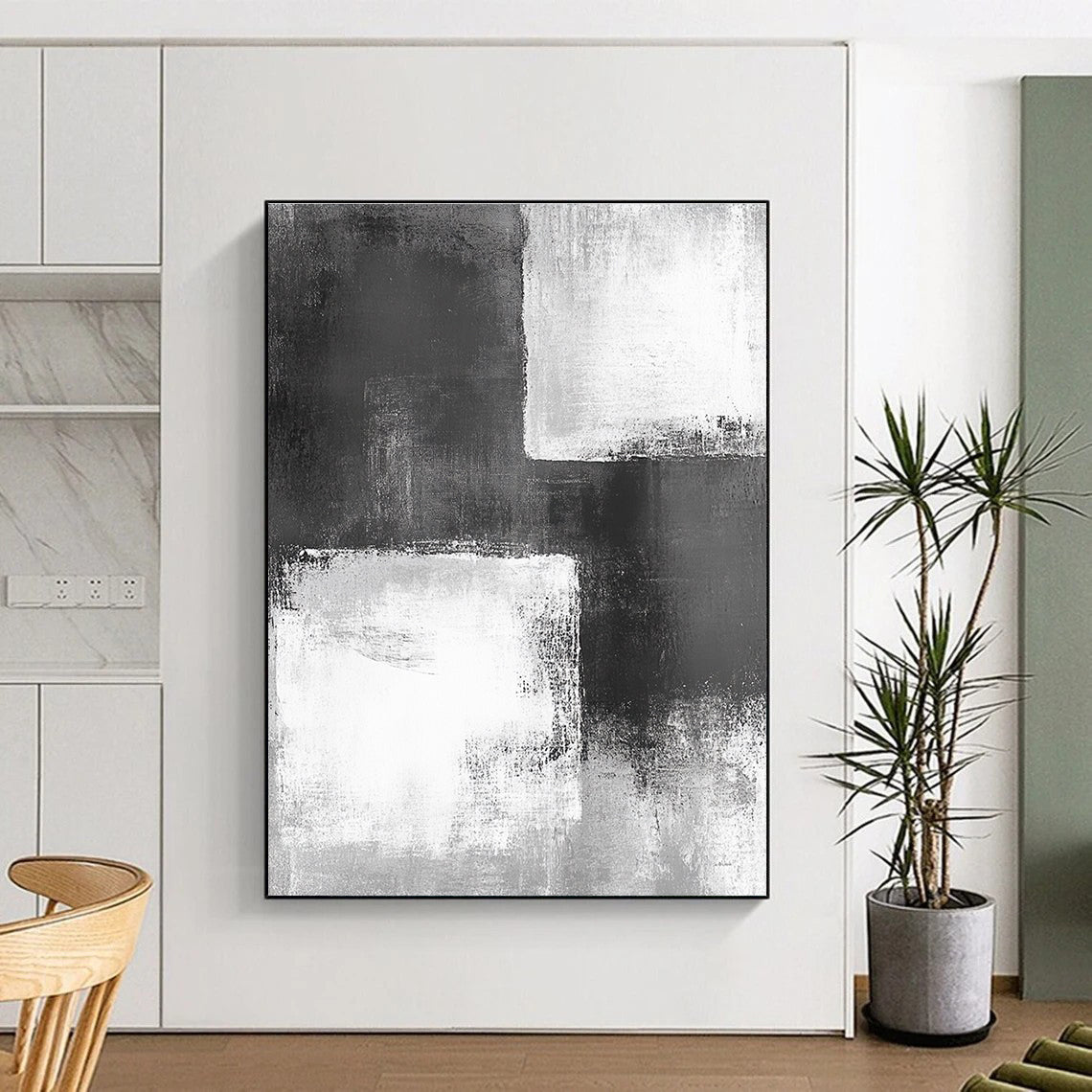 Black White and Gray Abstract Painting with Geometric Forms GER421