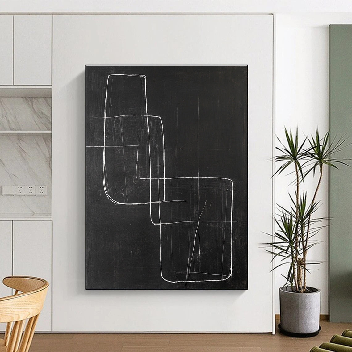 Large abstract drawing featuring a square and an abstract chair in white lines on black paper, minimalist style with a dark background.STSC1185
