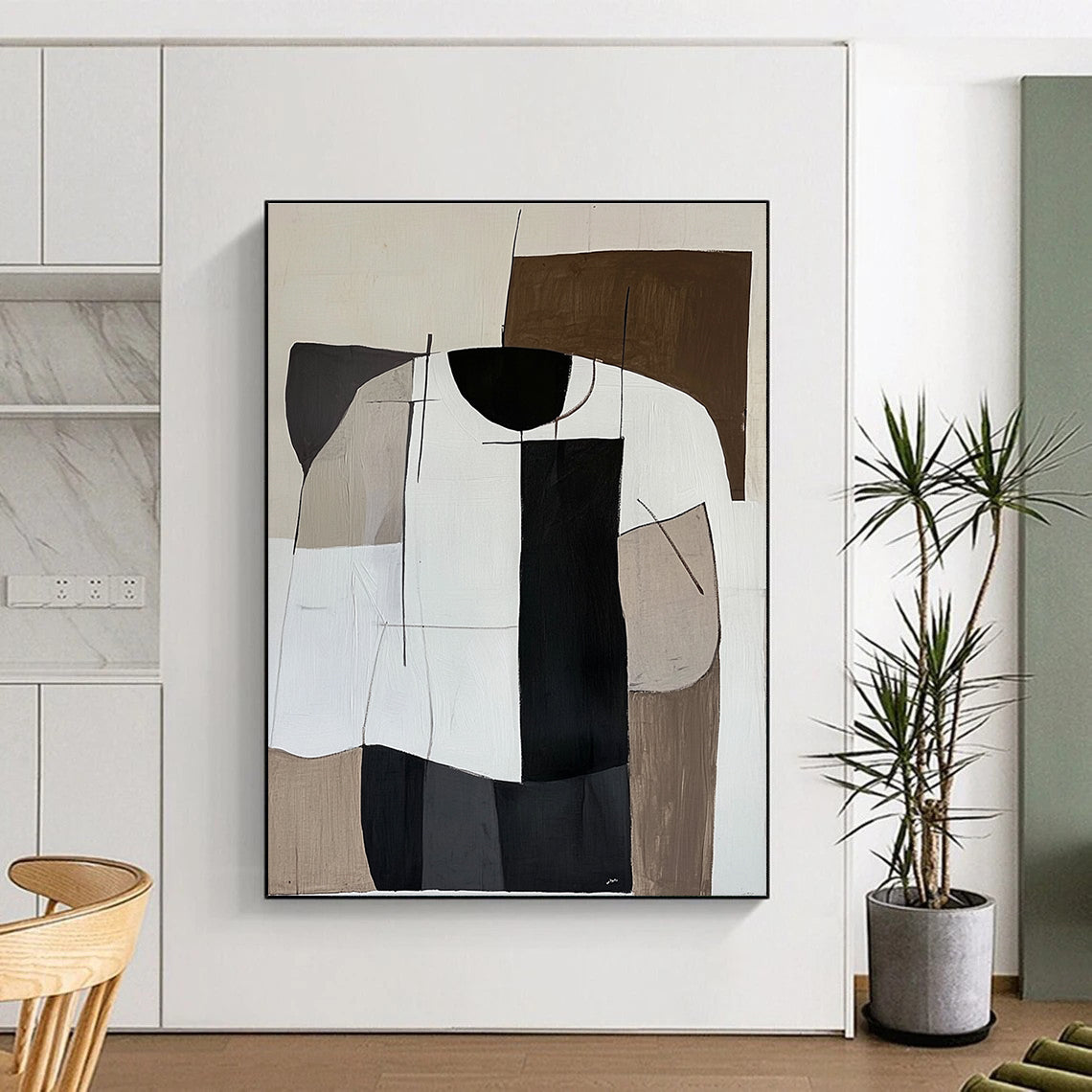 Abstract Painting in Minimalistic Cubism Style featuring Brown Palette and Striped White Shirt on a White Background.STSC1107