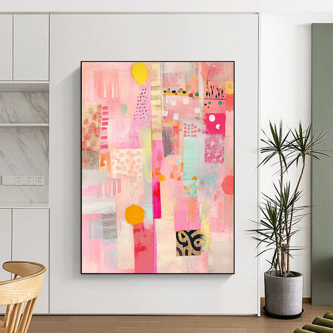 Large abstract collage artwork featuring pastel colors vintage shapes and textured layers for a unique mixed media experience.STSC1309