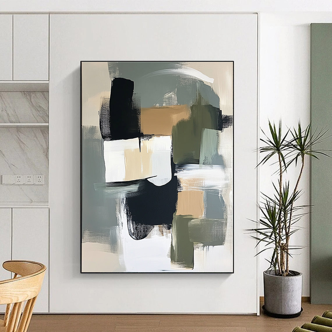 Gray Green and Black Abstract Painting with Bold Brushstrokes GER695