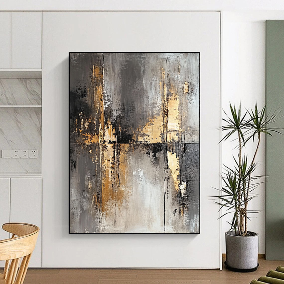 Gray Gold and Black Abstract Painting with Industrial Vibes GER644