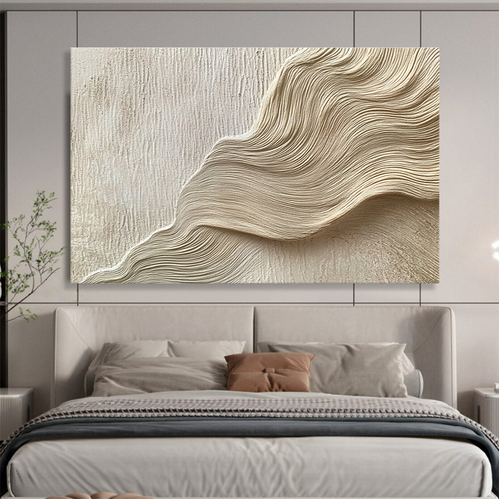 Large abstract painting featuring layered waves and curves in light beige tones resembling water ripples on sand dunes with fine brushwork.SC613