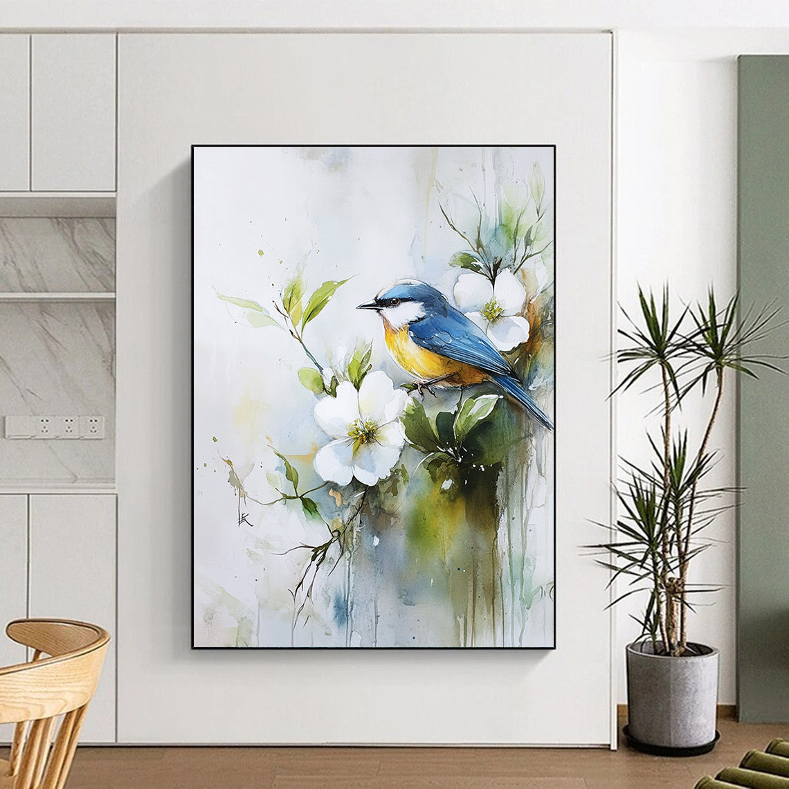 A large abstract painting featuring a blue and yellow bird on white flowers with soft green leaves and tranquil brushwork for serene beauty.STSC901