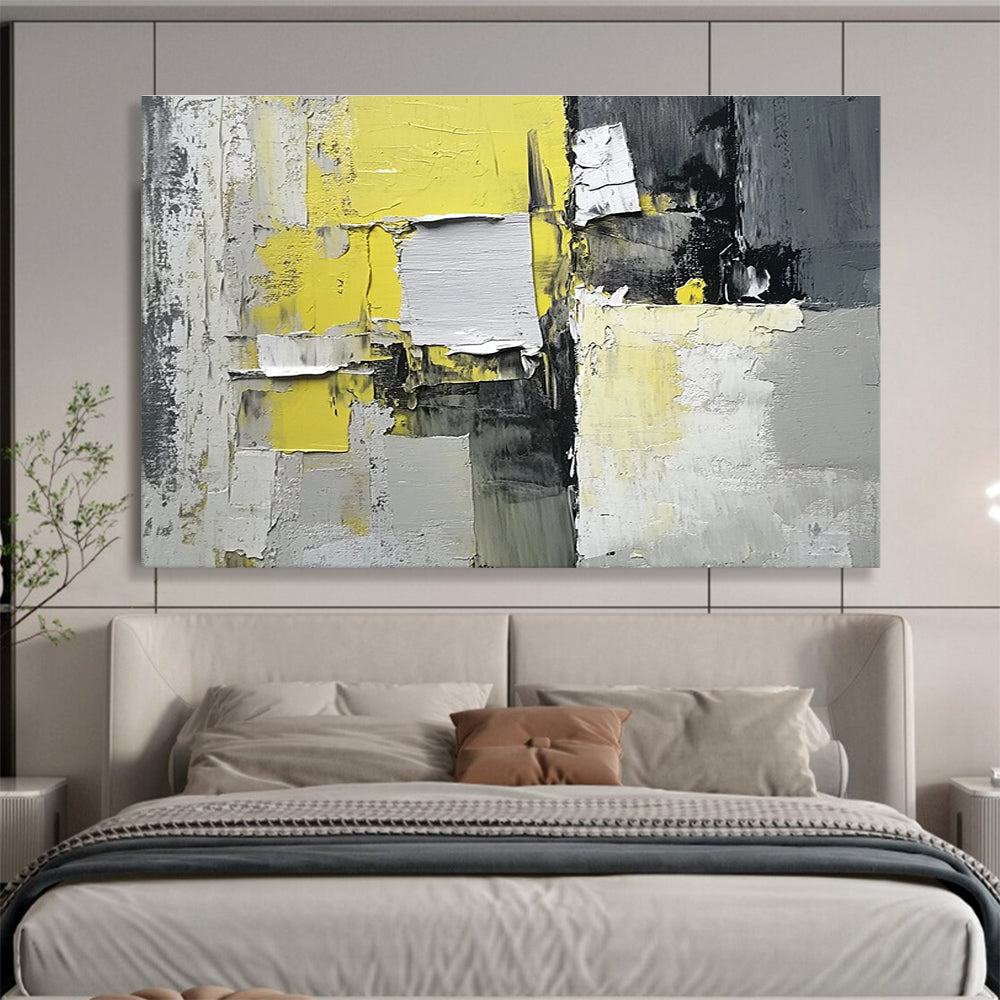 Yellow Gray and White Abstract Painting with Textured Patches DYP399