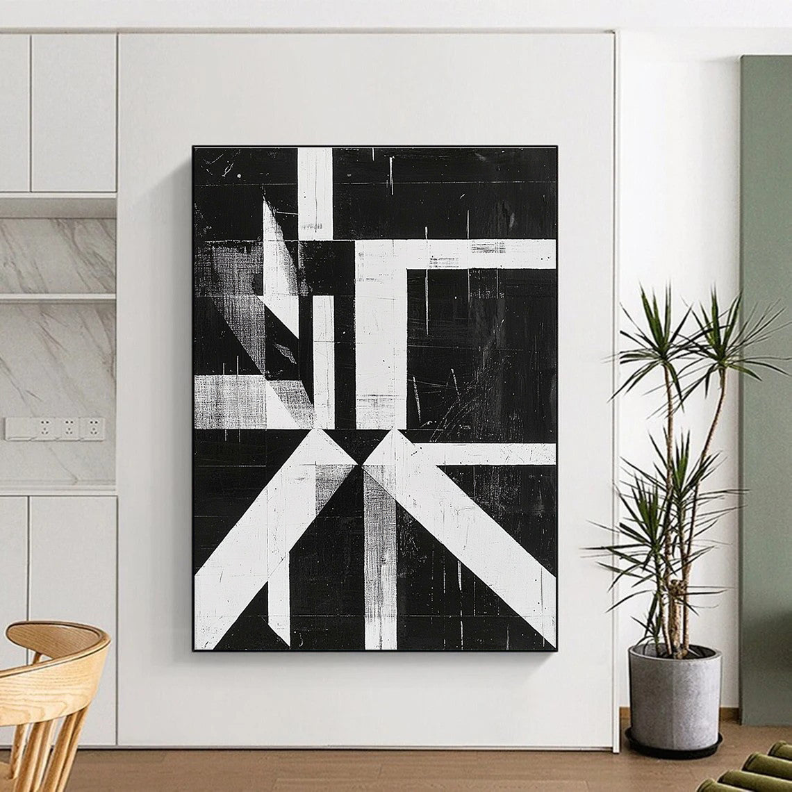Black and White Geometric Abstract Painting with Angular Forms GER009