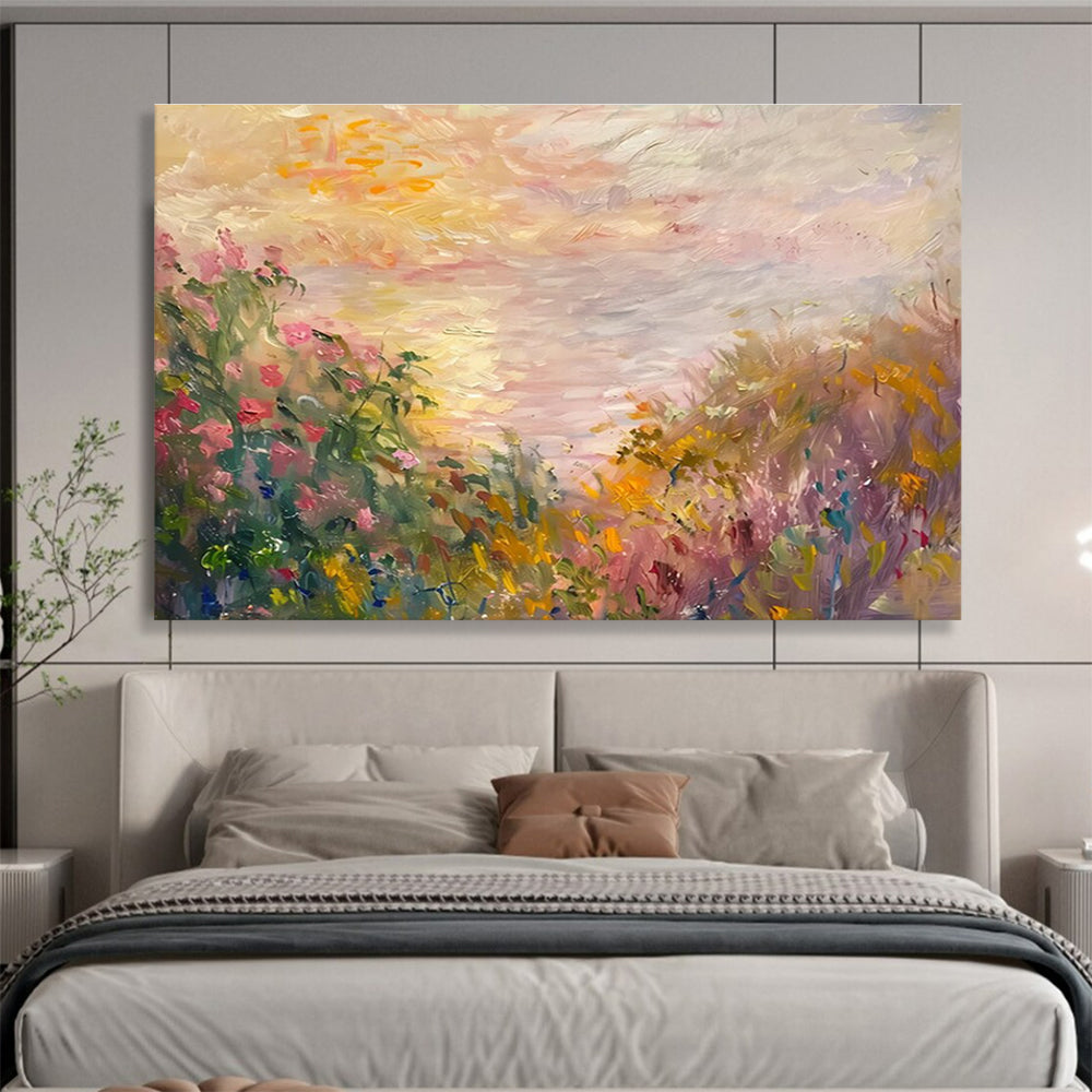 Flower Field Sunset Abstract Painting with Pink, Yellow, and Purple Hues THY195