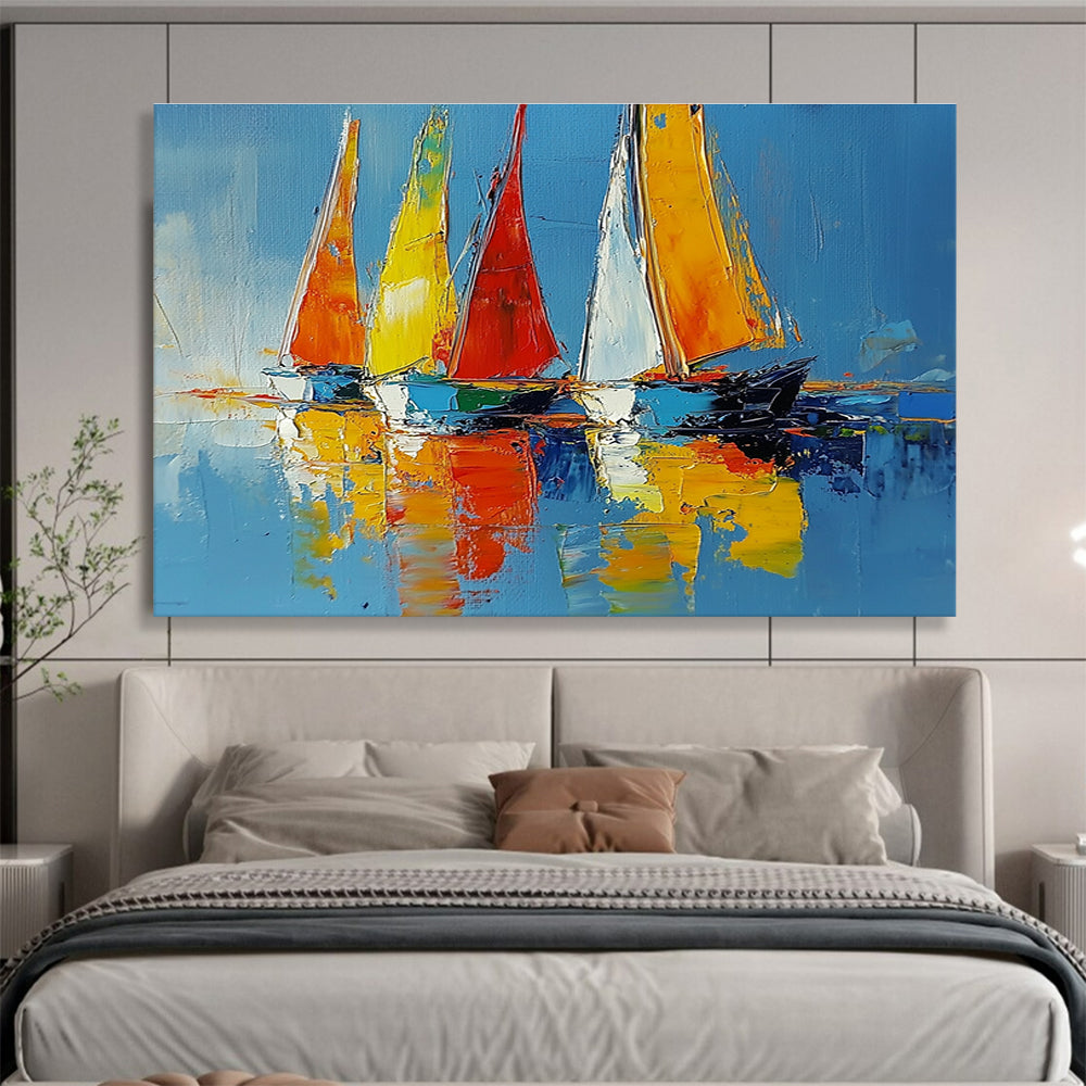 Large abstract painting of sailboats on vibrant water using palette knife techniques, showcasing energetic brushstrokes and a serene atmosphere.SC274