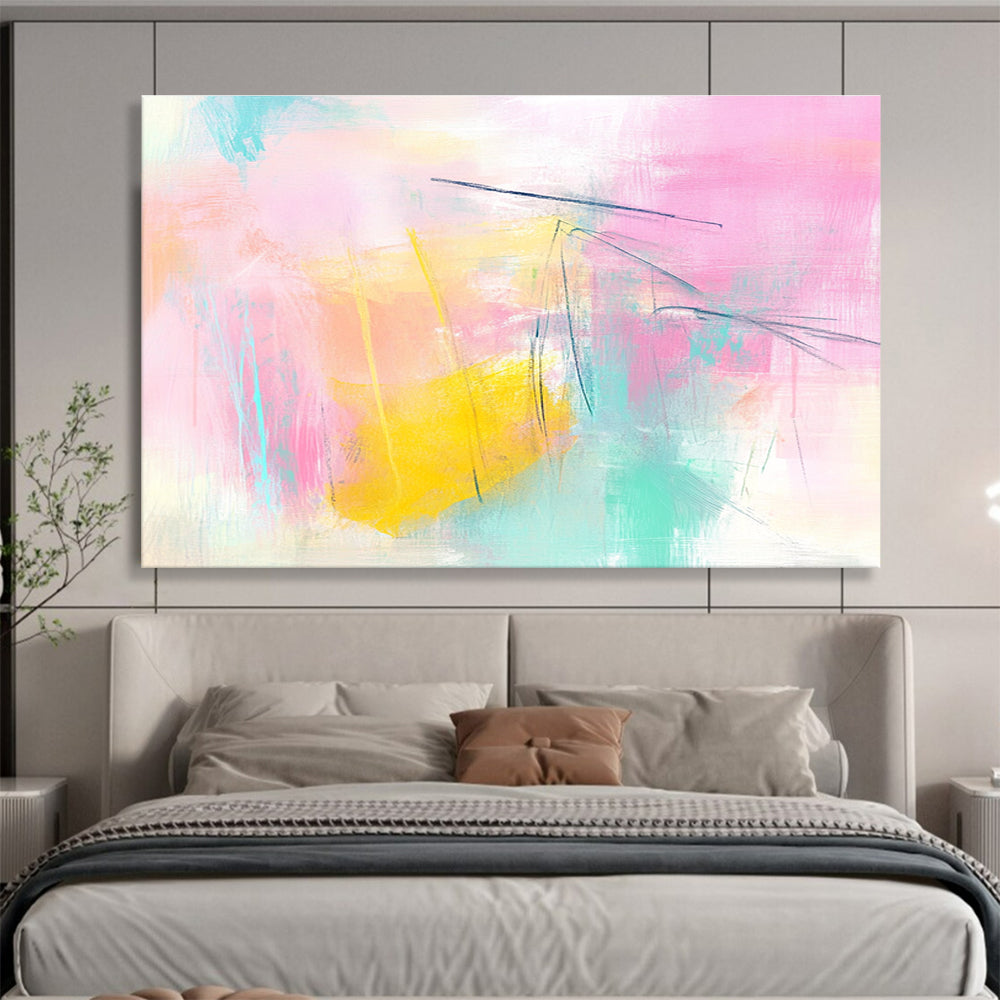Large abstract painting featuring pink and yellow tones light blue lines and soft shapes creating a dreamy atmosphere with delicate brushstrokes and pastel background.SC211