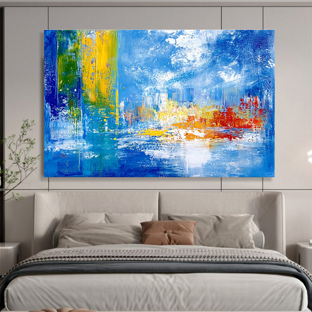 Bold abstract painting with vibrant teal yellow and red colors depicting an underwater city under sea ice against a blue sky and cloud backdrop.SC028