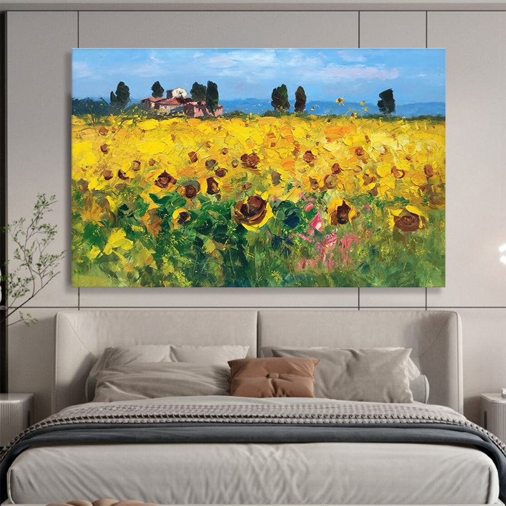 Yellow Green Sunflower Field Abstract Painting THY461