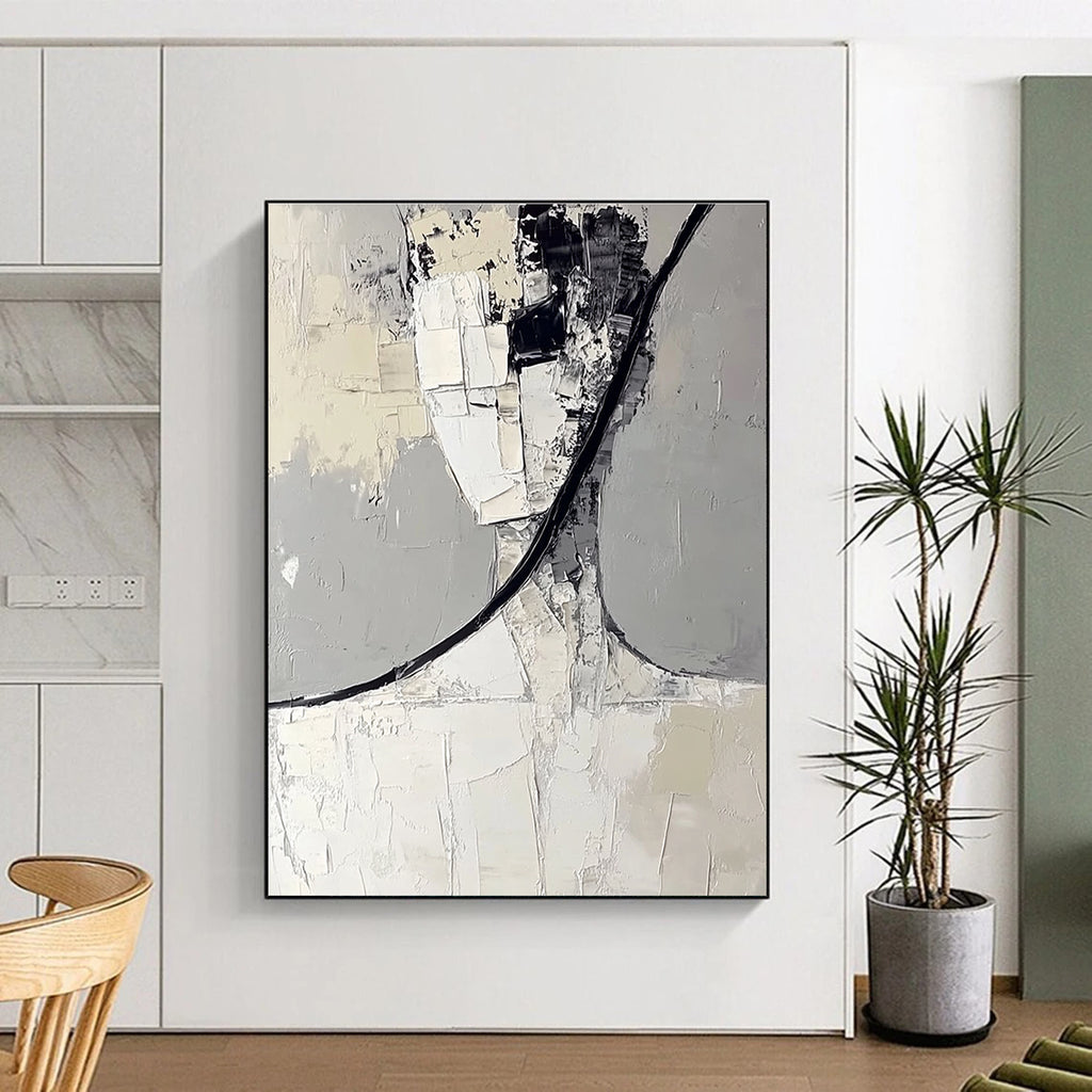 Large abstract painting in white and gray features black curved lines and layered irregular blocks creating a simple and clean composition.STSC383