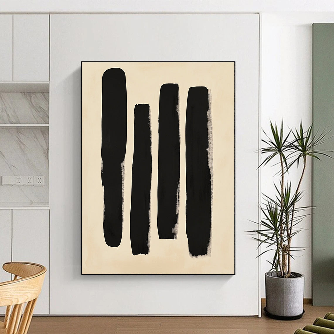 Black Vertical Strokes Abstract Painting on Beige Background GER240