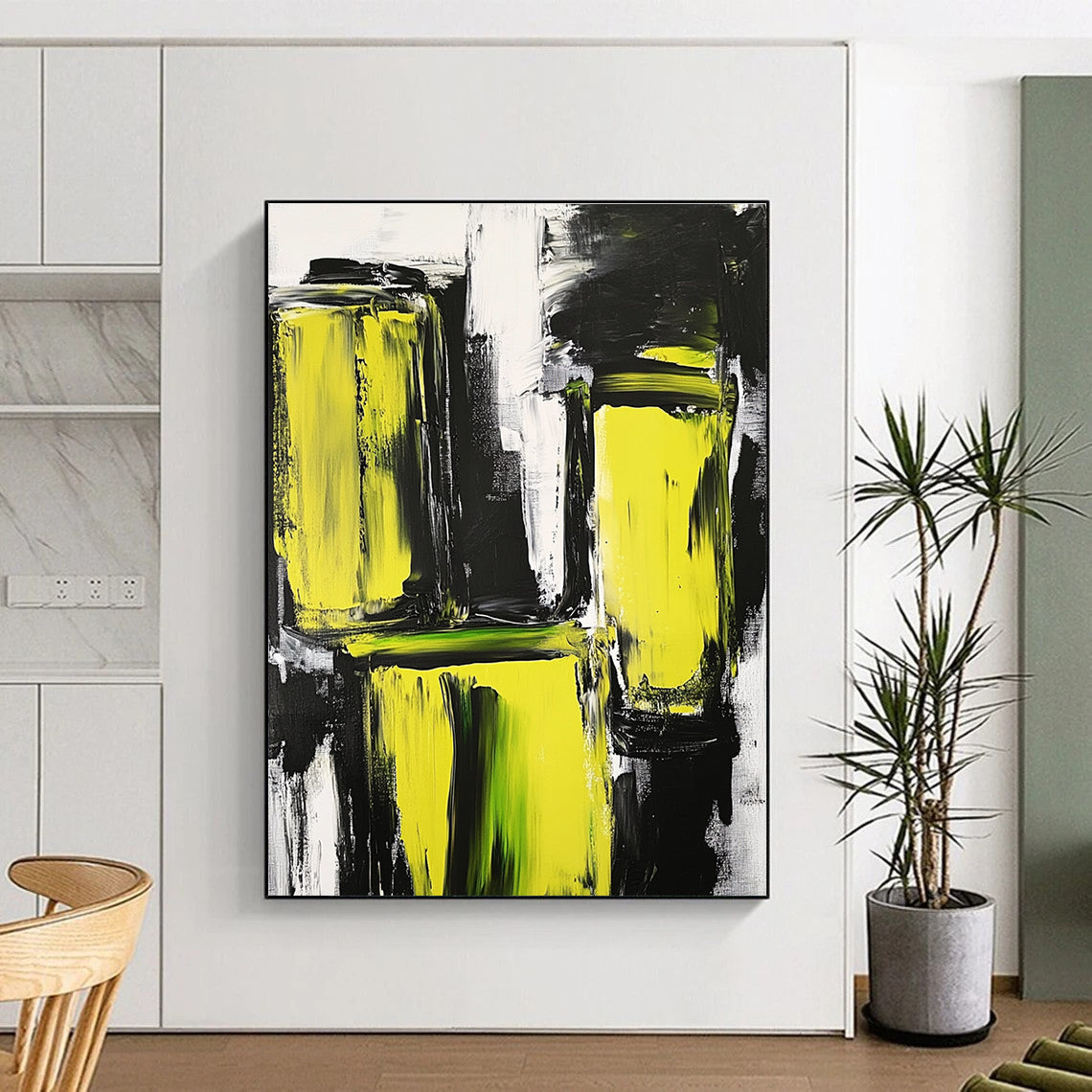 Yellow and Black Abstract Painting with Bold Textures GER593