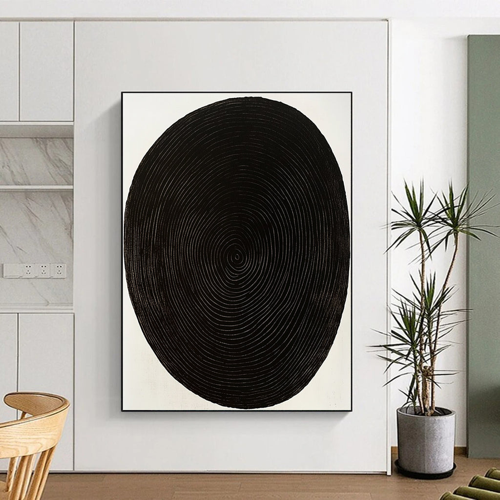 Black Oval with White Rings Abstract Painting on White Background GER021